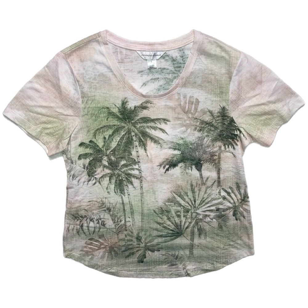 🌴Christopher & Banks Medium ss tshirt tee top palm trees island 0169